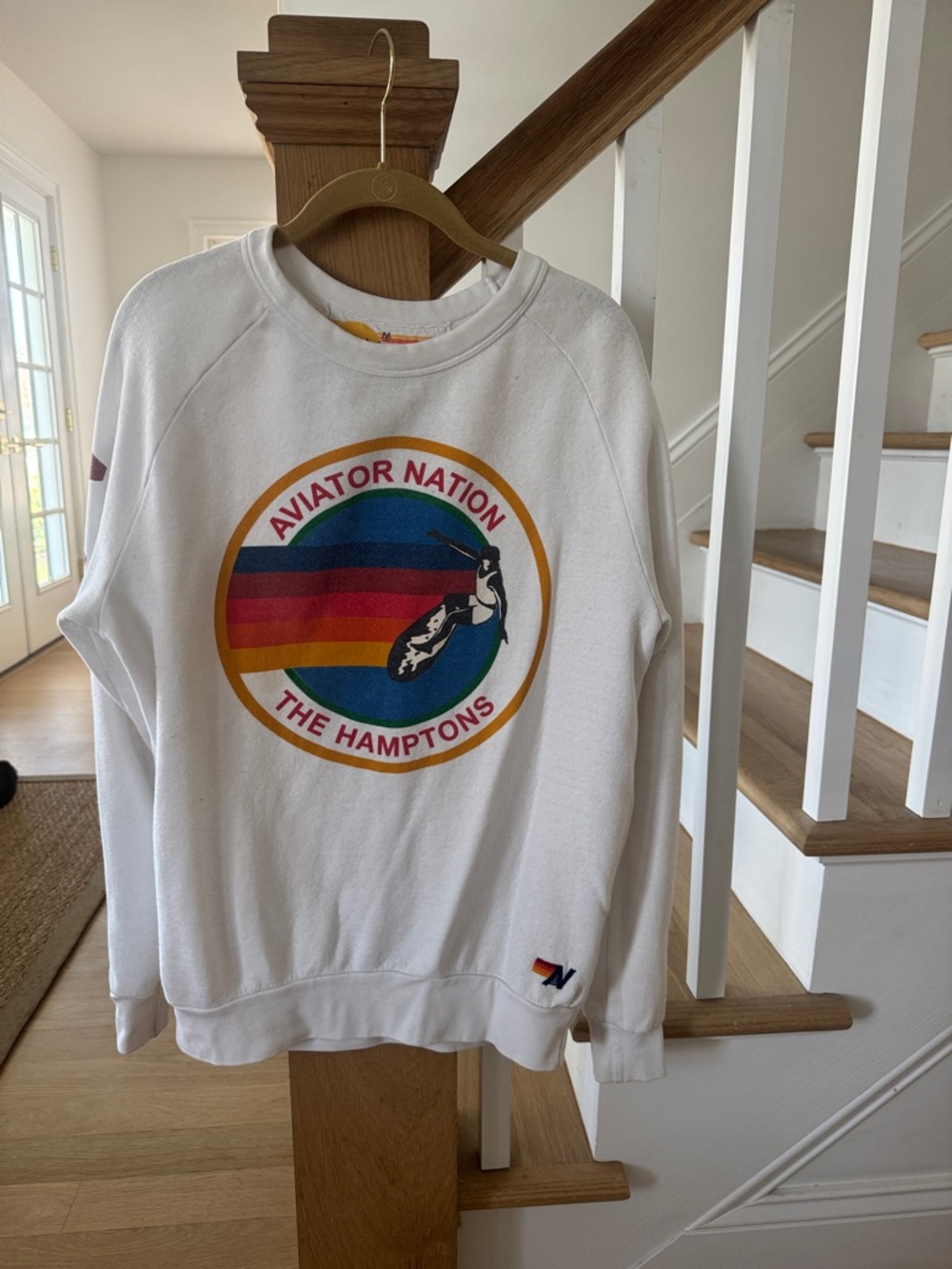 Aviator Nation White Sweatshirt with Retro Rainbow Graphic